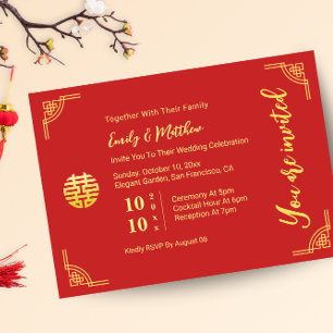 Convites Moldura dourada de casamento chinês círculo duplo