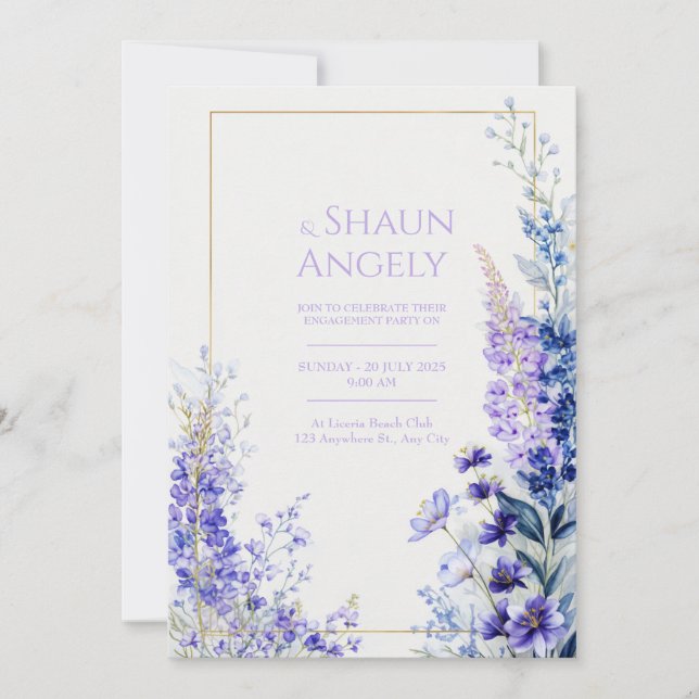 Convites Moldura Dourada de Casamento com Aquarela Violeta  (Frente)