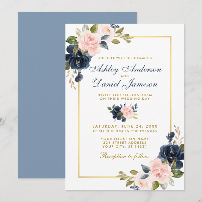 Convites Moldura Dourada de Casamento Floral de Blush Azul  (Frente/Verso)