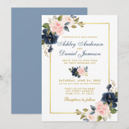 Convites Moldura Dourada de Casamento Floral de Blush Azul 