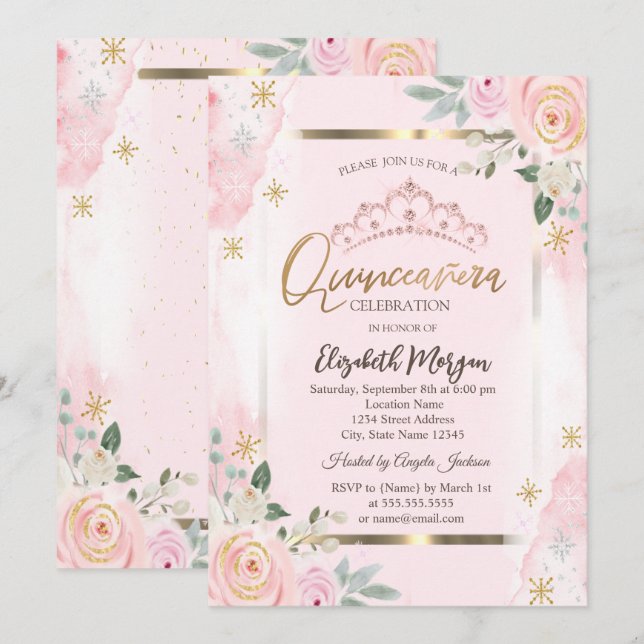 Convites Moldura Dourada de Flores Rosas de Quinceañera (Frente/Verso)