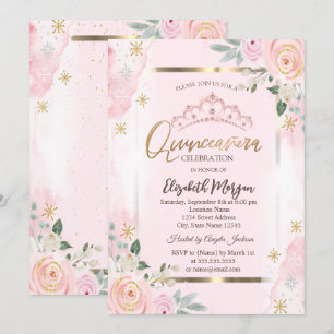 Convites Moldura Dourada de Flores Rosas de Quinceañera