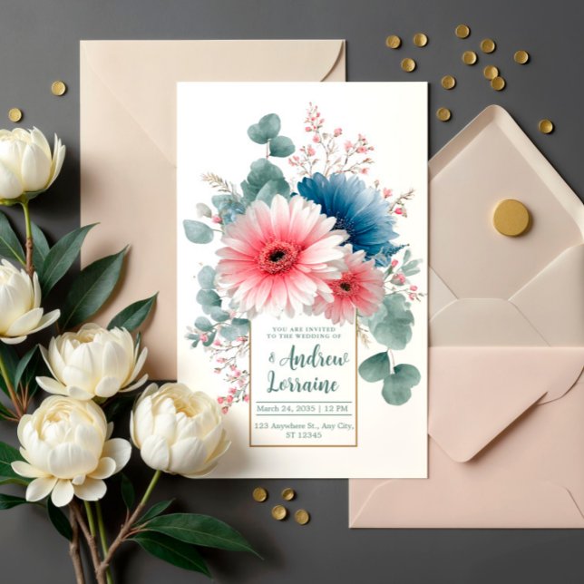 Convites Moldura Dourada de Gerbera Daisy Rosa Azul Poeiren (Criador carregado)