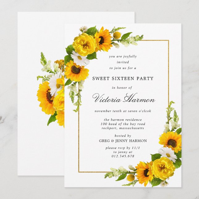 Convites Moldura Dourada de girassol Festa 16 Doce (Frente/Verso)