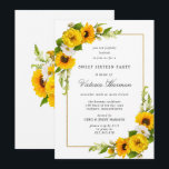 Convites Moldura Dourada de girassol Festa 16 Doce<br><div class="desc">Girassol amarelo elegante e tradicional Doce 16 Convites de aniversário. Um simples quadro de ouro rodeia seus detalhes de celebração do Sweet 16. Girassóis amarelos, peônias junto com margaridas brancas e riachos decoram a estrutura dourada. As flores estão aninhadas em folhas e vinhas verdes escuras. O convite de volta é...</div>