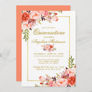 Convites Moldura Dourada de Quinceanera Coral Aquarela