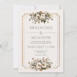 Convites Moldura Dourada Elegante Floral de Marfim Casament