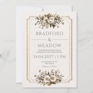 Convites Moldura Dourada Elegante Floral de Marfim Casament