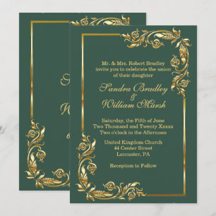 Convites Moldura Dourada Elegante Verde Floresta c/ Impress