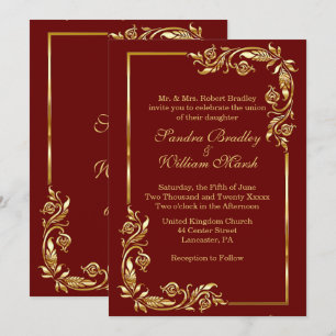 Convites Moldura Dourada Elegante Vermelho Escuro c/ Impres