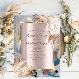 Convites Moldura Dourada Flor Boho, Dourado Rosa, Aposentad