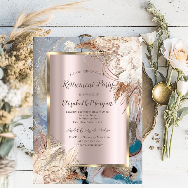 Convites Moldura Dourada Flor Boho, Dourado Rosa, Aposentad (Criador carregado)