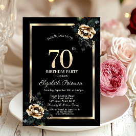 Convites Moldura Dourada Flor Elegante Preto Aniversário de