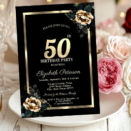 Convites Moldura Dourada Flor Elegante Preto Aniversário de