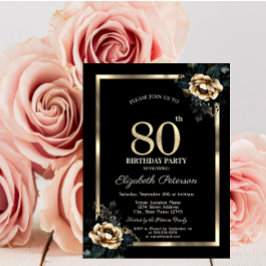 Convites Moldura Dourada Flor Elegante Preto Aniversário de
