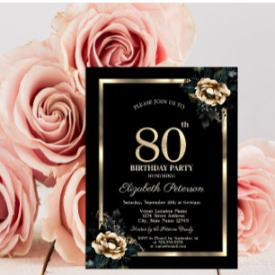 Convites Moldura Dourada Flor Elegante Preto Aniversário de