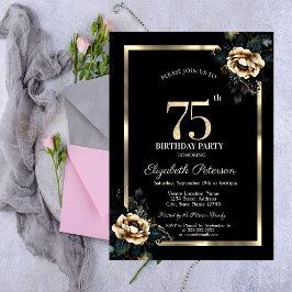 Convites Moldura Dourada Flor Elegante Preto Aniversário de