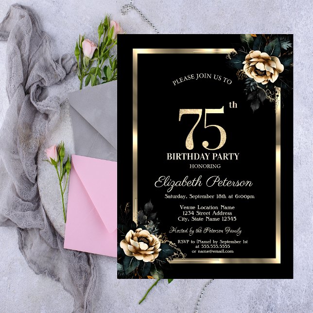 Convites Moldura Dourada Flor Elegante Preto Aniversário de (Criador carregado)