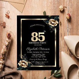 Convites Moldura Dourada Flor Elegante Preto Aniversário de