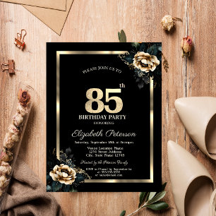 Convites Moldura Dourada Flor Elegante Preto Aniversário de