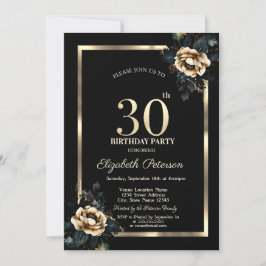 Convites Moldura Dourada Flor Elegante Preto Aniversário de