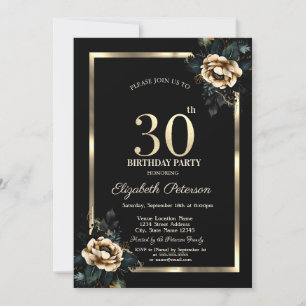 Convites Moldura Dourada Flor Elegante Preto Aniversário de