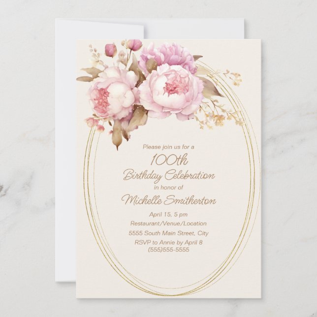 Convites Moldura Dourada Floral Aquarela Rosa Aniversário d (Frente)
