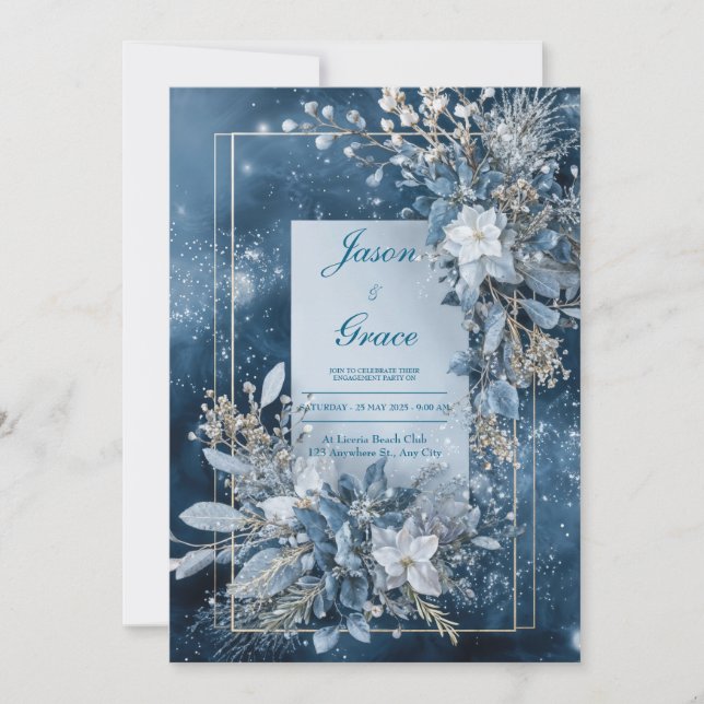 Convites Moldura Dourada Floral Azul Celestial de Inverno L (Frente)