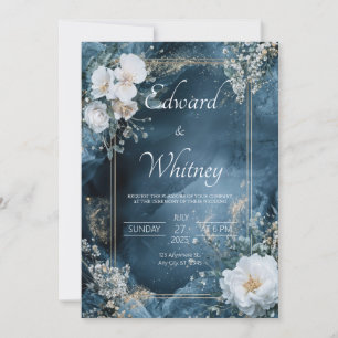 Convites Moldura Dourada Floral Azul Meia-Noite Casamento C