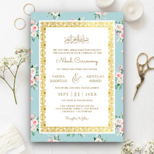 Convites Moldura Dourada Floral Rosa Azul Casamento Muçulma