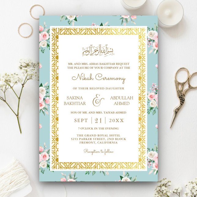 Convites Moldura Dourada Floral Rosa Azul Casamento Muçulma (Criador carregado)