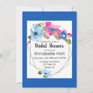 Convites Moldura Dourada Floral Rosa Quente Azul Claro Aqua