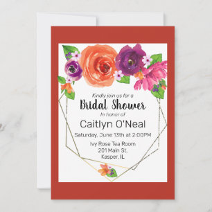 Convites Moldura Dourada Floral Rosa Roxo Laranja Aquarela