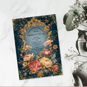 Convites Moldura Dourada Floral Vitoriana Elegante Nupcial