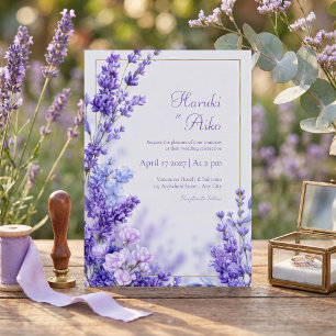 Convites Moldura Dourada Lavanda Botânica Violeta Vibrante