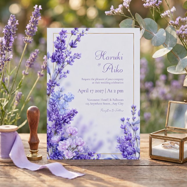 Convites Moldura Dourada Lavanda Botânica Violeta Vibrante (Criador carregado)