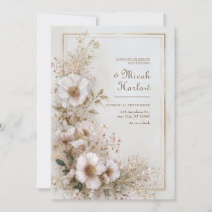 Convites Moldura Dourada Marfim Rubor Suave Casamento Flor