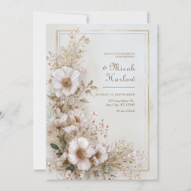 Convites Moldura Dourada Marfim Rubor Suave Casamento Flor  (Frente)