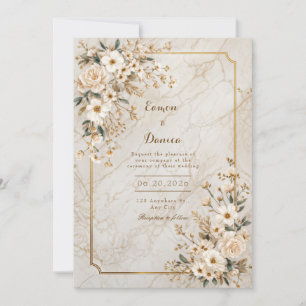 Convites Moldura Dourada Mármore Floral de Marfim Casamento