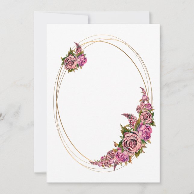 Convites Moldura Dourada Oval Com Flores em Aquarela Rosa (Frente)