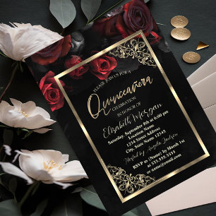 Convites Moldura Dourada Rosas Vermelhas Elegantes Quinceañ