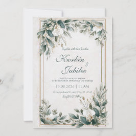 Convites Moldura Dourada Verde Floral Poeirento Casamento
