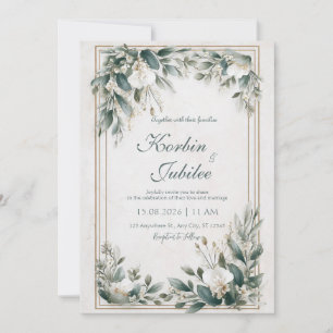 Convites Moldura Dourada Verde Floral Poeirento Casamento