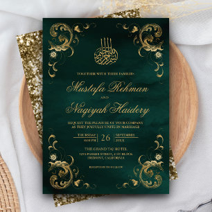 Convites Moldura em Ouro Antigo Casamento Islâmico Verde Es