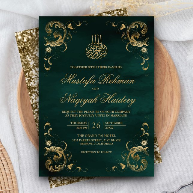 Convites Moldura em Ouro Antigo Casamento Islâmico Verde Es (Criador carregado)