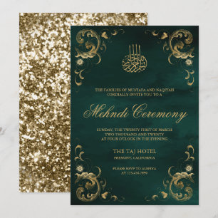 Convites Moldura em Ouro Antigo Verde Esmeralda Mehndi Islâ