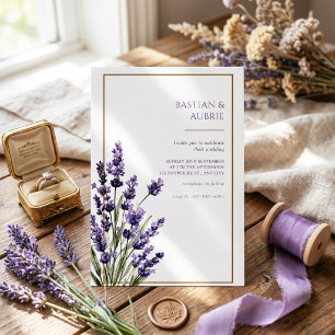 Convites Moldura Fina Marrom com Ramo de Lavanda Roxa Casam