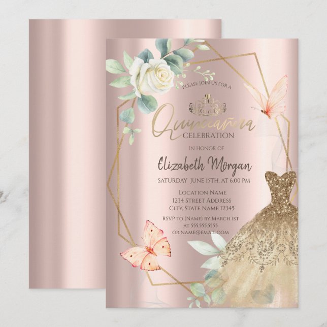 Convites Moldura Flor Borboletas Vestido Dourado Rosa  (Frente/Verso)