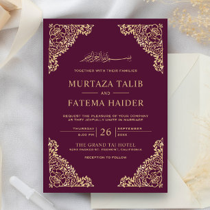 Convites Moldura Floral Ameixa e Dourado Casamento Islâmico