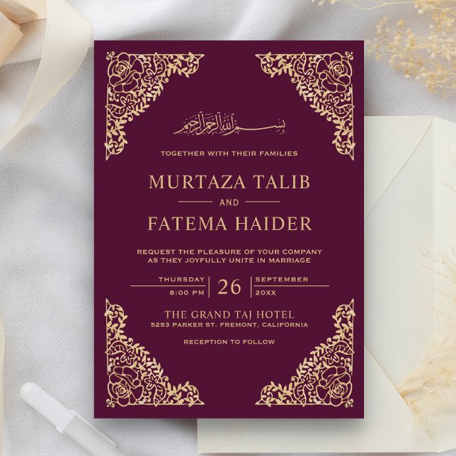 Convites Moldura Floral Ameixa e Dourado Casamento Islâmico (Criador carregado)